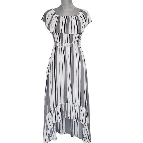 SOLD ! New Look Gray Striped Off Shoulder Casual Maxi Dress Size Small GUC - Picture 8 of 15